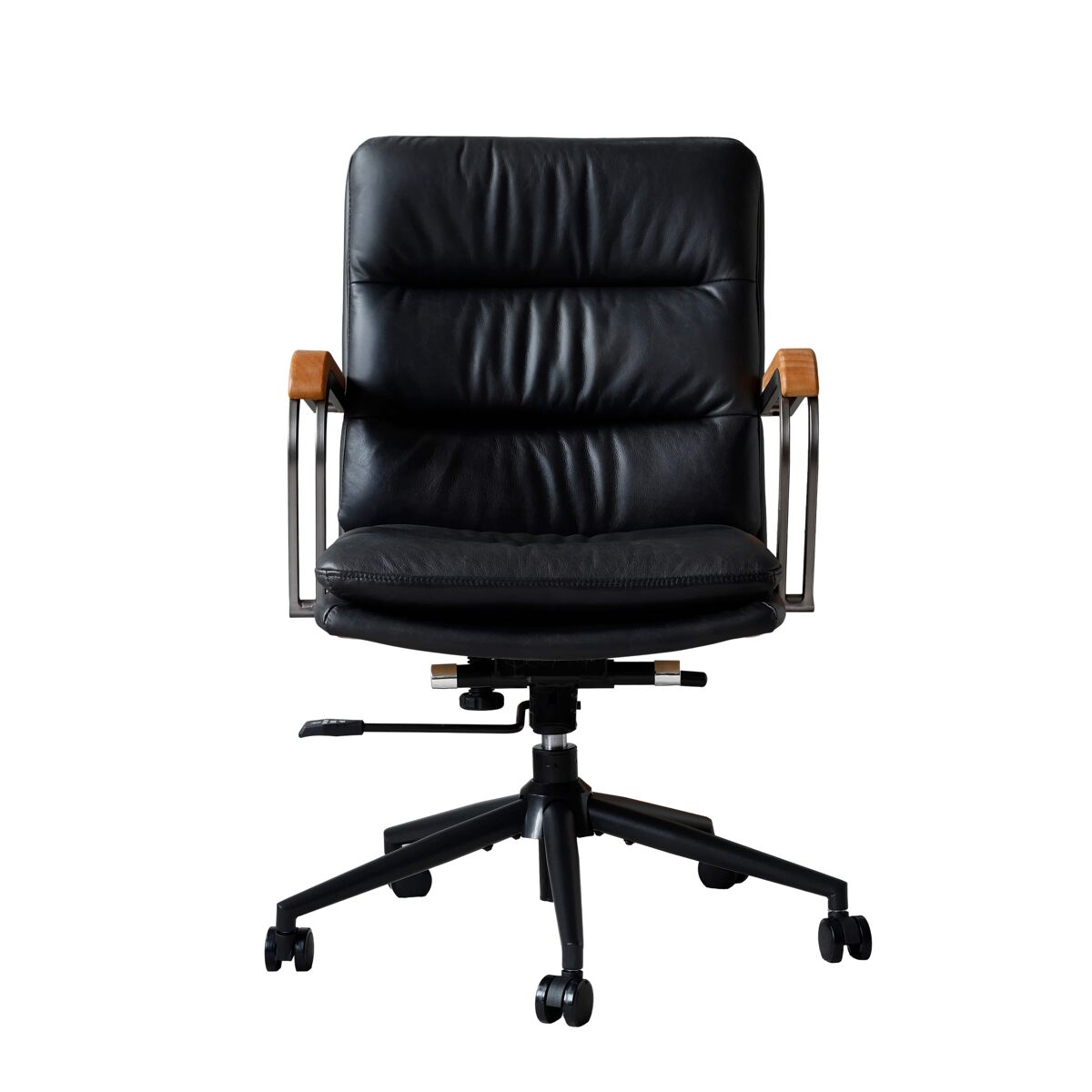 Silla de oficina - cuero ergonómico, altura regulable, giratoria 360°, ruedas y reposabrazos de roble - negro