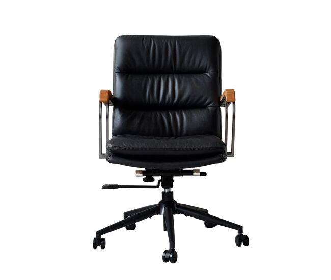 Silla de oficina - cuero ergonómico, altura regulable, giratoria 360°, ruedas y reposabrazos de roble - negro