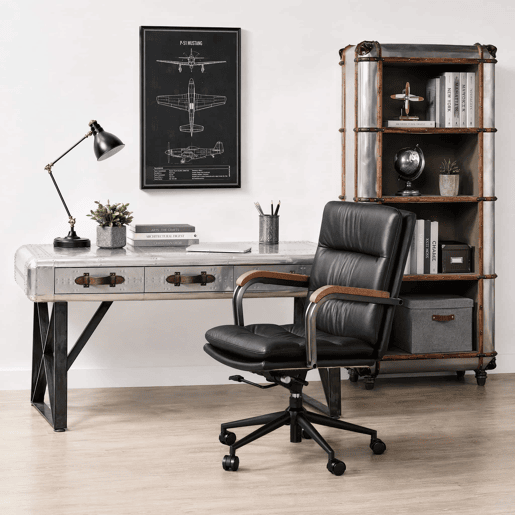Cadeira de escritório - couro ergonómico, altura ajustável, gira 360°, rodízios e apoios de braços em carvalho - Preto Cadeira de escritório - couro ergonómico, altura ajustável, gira 360°, rodízios e apoios de braços em carvalho - Preto