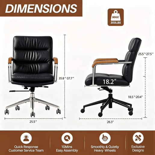 Cadeira de escritório - couro ergonómico, altura ajustável, gira 360°, rodízios e apoios de braços em carvalho - Preto Cadeira de escritório - couro ergonómico, altura ajustável, gira 360°, rodízios e apoios de braços em carvalho - Preto