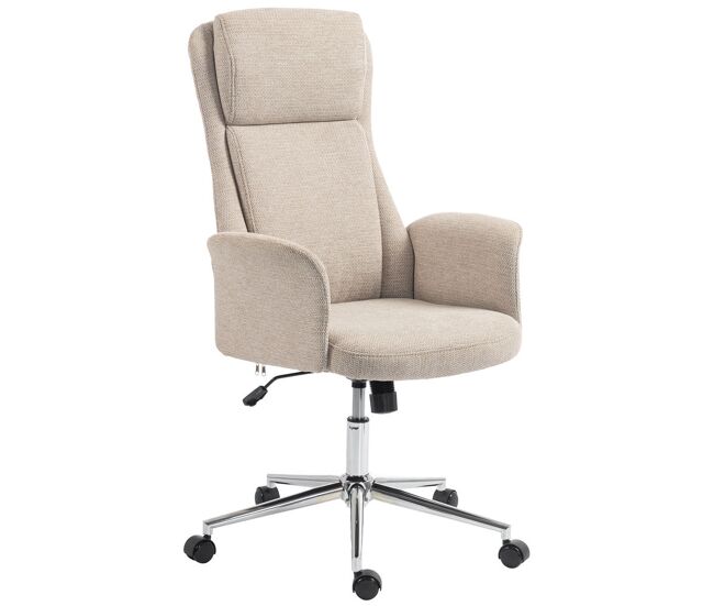 Homcom silla de escritorio giratoria tapizada en chenilla, silla de oficina con respaldo alto, función de balanceo, altura ajustable, reposabrazos acolchados y ruedas de pu, beige