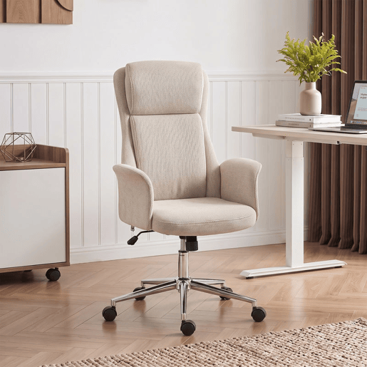 HOMCOM Cadeira de Escritório Giratória em Chenille com Encosto Alto, Função de Balanço, Altura Ajustável e Rodas em PU - Bege HOMCOM Cadeira de Escritório Giratória em Chenille com Encosto Alto, Função de Balanço, Altura Ajustável e Rodas em PU - Bege
