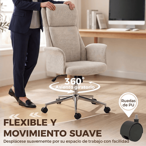 HOMCOM Cadeira de Escritório Giratória em Chenille com Encosto Alto, Função de Balanço, Altura Ajustável e Rodas em PU - Bege HOMCOM Cadeira de Escritório Giratória em Chenille com Encosto Alto, Função de Balanço, Altura Ajustável e Rodas em PU - Bege