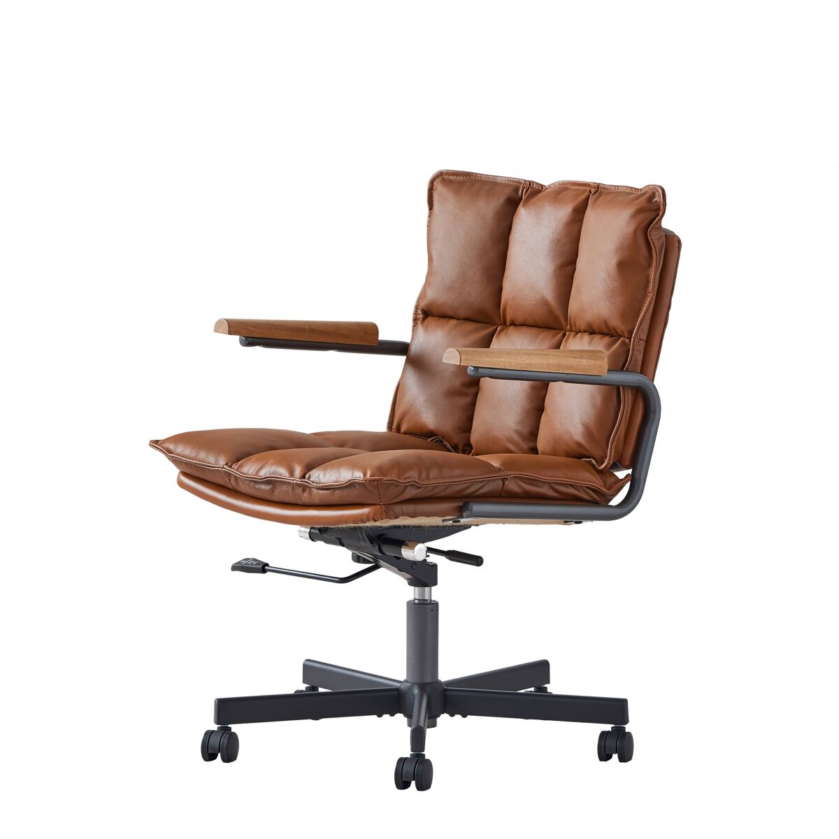 Silla de oficina ergonómica - cuero, ruedas, reposabrazos de roble, altura regulable y giratoria - marrón