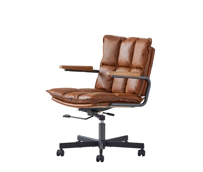 Silla de oficina ergonómica - cuero, ruedas, reposabrazos de roble, altura regulable y giratoria - marrón