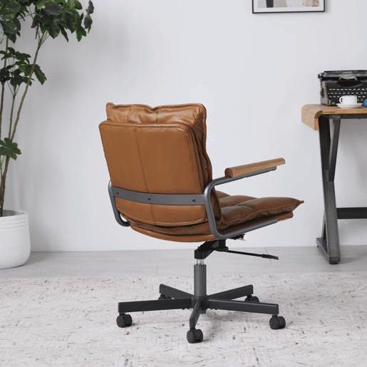 Cadeira de escritório ergonómica u2013 couro, rodas, apoios de braços em carvalho, altura ajustável e giratória u2013 Castanho Cadeira de escritório ergonómica u2013 couro, rodas, apoios de braços em carvalho, altura ajustável e giratória u2013 Castanho
