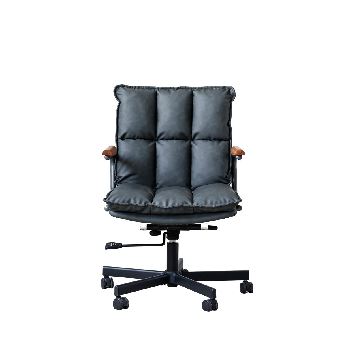 Silla de oficina - ergonómica de cuero con ruedas, reposabrazos de roble, altura regulable y giro 360° - negro