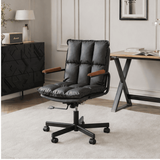 Cadeira de escritório - ergonómica, em pele, com rodas, apoios de braços em carvalho, altura ajustável e rotação de 360° - Preta Cadeira de escritório - ergonómica, em pele, com rodas, apoios de braços em carvalho, altura ajustável e rotação de 360° - Preta