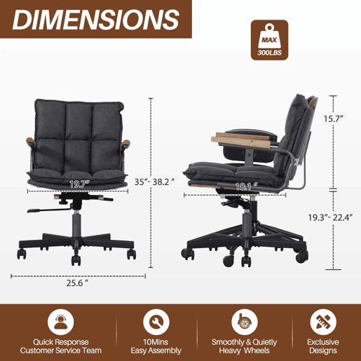 Cadeira de escritório - ergonómica, em pele, com rodas, apoios de braços em carvalho, altura ajustável e rotação de 360° - Preta Cadeira de escritório - ergonómica, em pele, com rodas, apoios de braços em carvalho, altura ajustável e rotação de 360° - Preta