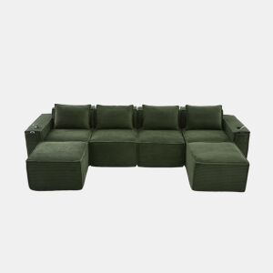 Sofá modular de 4 lugares u2013 2 banquinhos, porta-copos e bolsos laterais, molas ensacadas e espuma de alta densidade u2013 Verde
