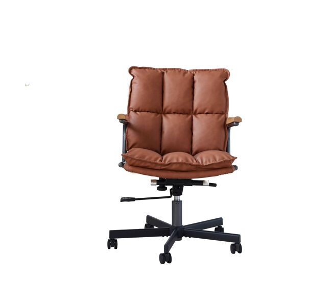Silla de oficina ergonómica - cuero, ruedas, reposabrazos de roble, altura regulable y giratoria - marrón