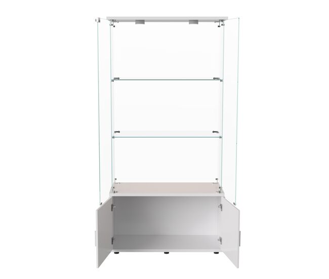 Vitrina de cristal de 3 niveles con unidad de almacenamiento e iluminación led táctil, moderna, blanca.