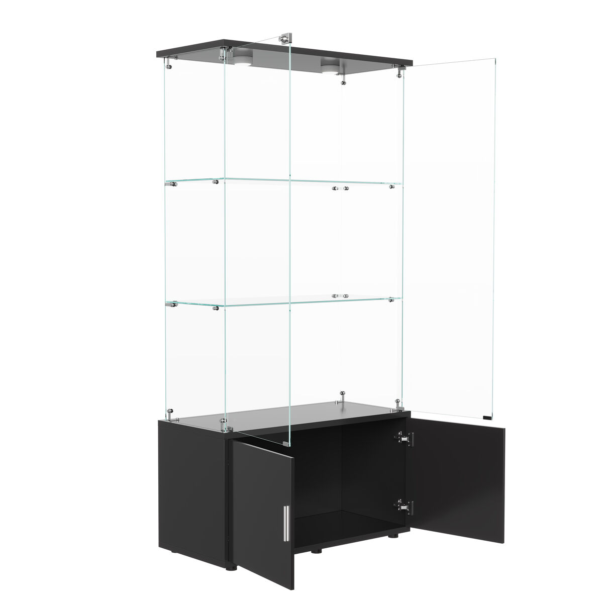 Vitrina de cristal de 3 niveles con unidad de almacenamiento e iluminación led táctil, moderna, negra.