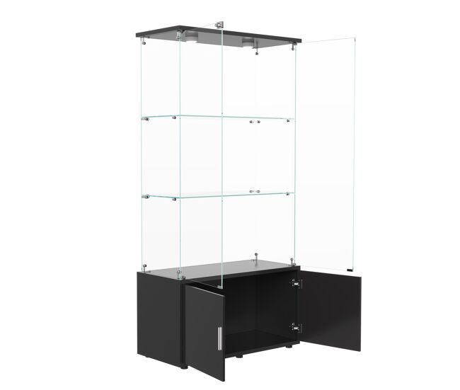 Vitrina de cristal de 3 niveles con unidad de almacenamiento e iluminación led táctil, moderna, negra.