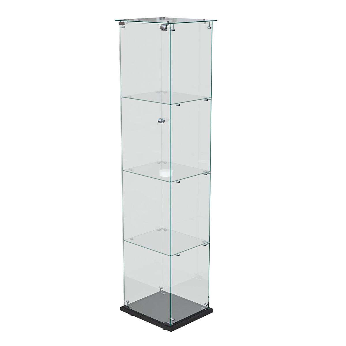 Vitrina de cuatro niveles con puerta de cristal templado y luz led de apertura por presión, mueble expositor moderno, color negro.