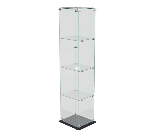 Vitrina de cuatro niveles con puerta de cristal templado y luz led de apertura por presión, mueble expositor moderno, color negro.