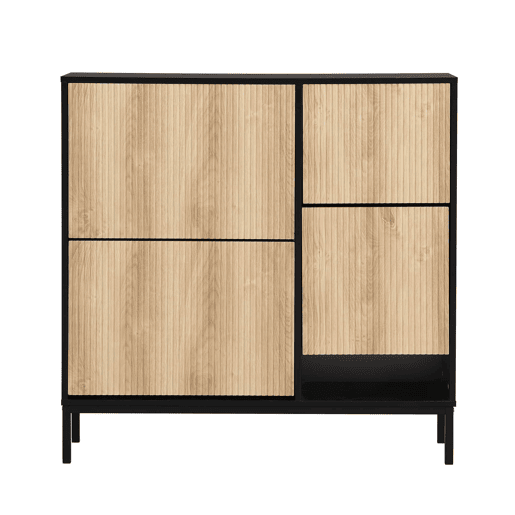 Armário com banco - 3 portas basculantes e prateleira aberta - Preto + Natural
