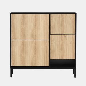 Armário com banco - 3 portas basculantes e prateleira aberta - Preto + Natural