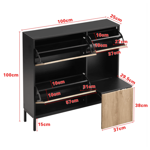Armário com banco - 3 portas basculantes e prateleira aberta - Preto + Natural