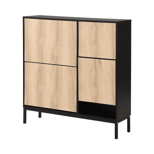 Armário com banco - 3 portas basculantes e prateleira aberta - Preto + Natural