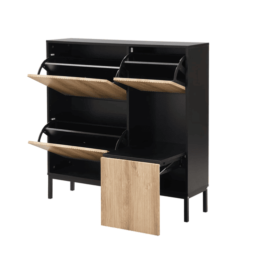 Armário com banco - 3 portas basculantes e prateleira aberta - Preto + Natural