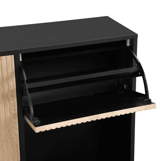 Armário com banco - 3 portas basculantes e prateleira aberta - Preto + Natural