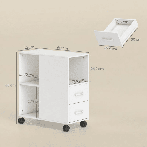 HOMCOM Móvel para Impressora com Rodas, 2 Gavetas e Prateleira Ajustável, 3 Compartimentos Abertos para Documentos A4, Arquivo Móvel para Escritório em Casa, Branco HOMCOM Móvel para Impressora com Rodas, 2 Gavetas e Prateleira Ajustável, 3 Compartimentos Abertos para Documentos A4, Arquivo Móvel para Escritório em Casa, Branco