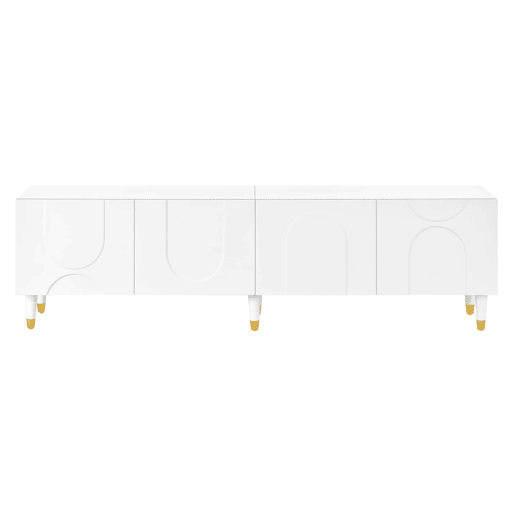Móvel de TV baixo - design de arco assimétrico, 4 portas, vários compartimentos de arrumação, pés de madeira maciça - branco Móvel de TV baixo - design de arco assimétrico, 4 portas, vários compartimentos de arrumação, pés de madeira maciça - branco