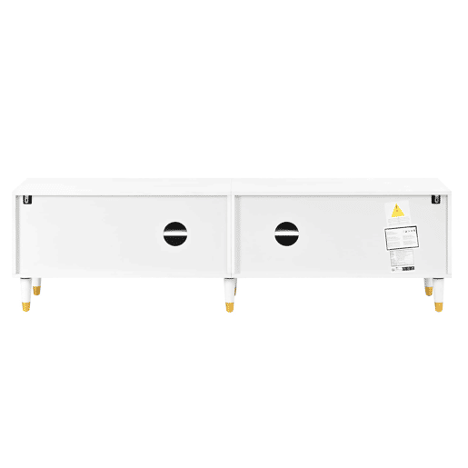 Móvel de TV baixo - design de arco assimétrico, 4 portas, vários compartimentos de arrumação, pés de madeira maciça - branco Móvel de TV baixo - design de arco assimétrico, 4 portas, vários compartimentos de arrumação, pés de madeira maciça - branco