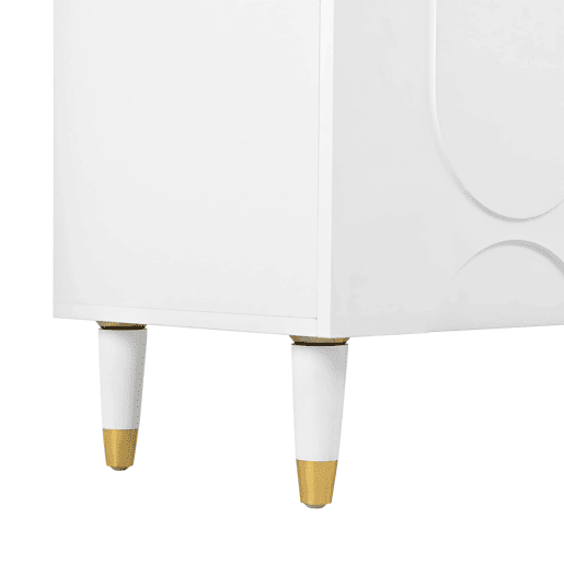 Móvel de TV baixo - design de arco assimétrico, 4 portas, vários compartimentos de arrumação, pés de madeira maciça - branco Móvel de TV baixo - design de arco assimétrico, 4 portas, vários compartimentos de arrumação, pés de madeira maciça - branco