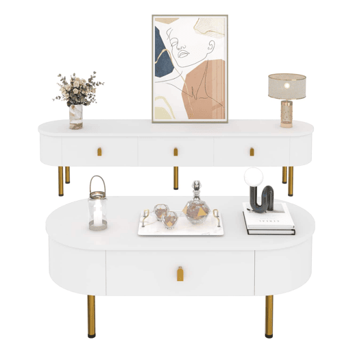 Conjunto de móvel de TV e mesa de centro u2013 com gavetas e cantos arredondados u2013 Branco Conjunto de móvel de TV e mesa de centro u2013 com gavetas e cantos arredondados u2013 Branco