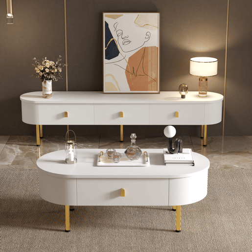 Conjunto de móvel de TV e mesa de centro u2013 com gavetas e cantos arredondados u2013 Branco Conjunto de móvel de TV e mesa de centro u2013 com gavetas e cantos arredondados u2013 Branco