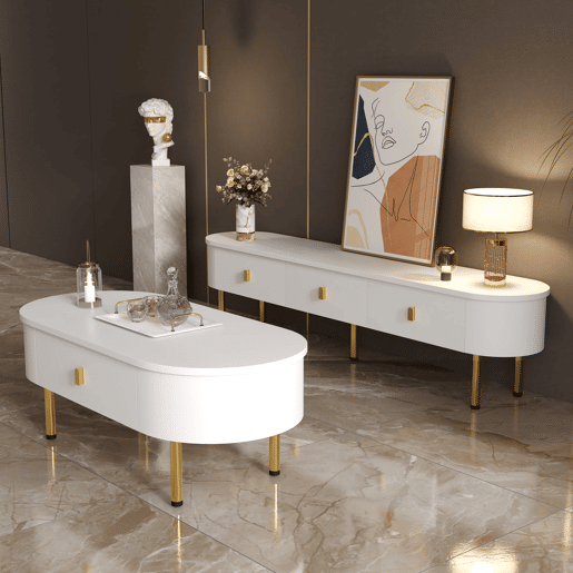 Conjunto de móvel de TV e mesa de centro u2013 com gavetas e cantos arredondados u2013 Branco Conjunto de móvel de TV e mesa de centro u2013 com gavetas e cantos arredondados u2013 Branco