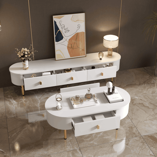 Conjunto de móvel de TV e mesa de centro u2013 com gavetas e cantos arredondados u2013 Branco Conjunto de móvel de TV e mesa de centro u2013 com gavetas e cantos arredondados u2013 Branco