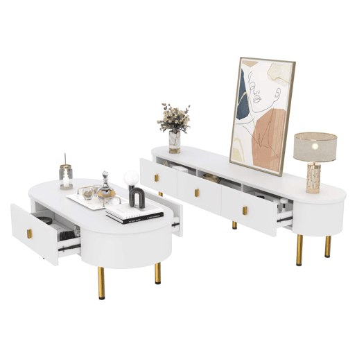 Conjunto de móvel de TV e mesa de centro u2013 com gavetas e cantos arredondados u2013 Branco Conjunto de móvel de TV e mesa de centro u2013 com gavetas e cantos arredondados u2013 Branco