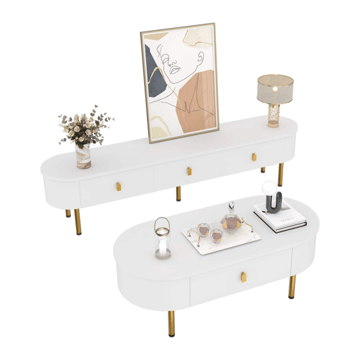 Conjunto de móvel de TV e mesa de centro u2013 com gavetas e cantos arredondados u2013 Branco Conjunto de móvel de TV e mesa de centro u2013 com gavetas e cantos arredondados u2013 Branco