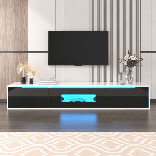Conjunto de vitrina e móvel de TV u2013 alto brilho e LED multicolorido u2013 Branco e preto