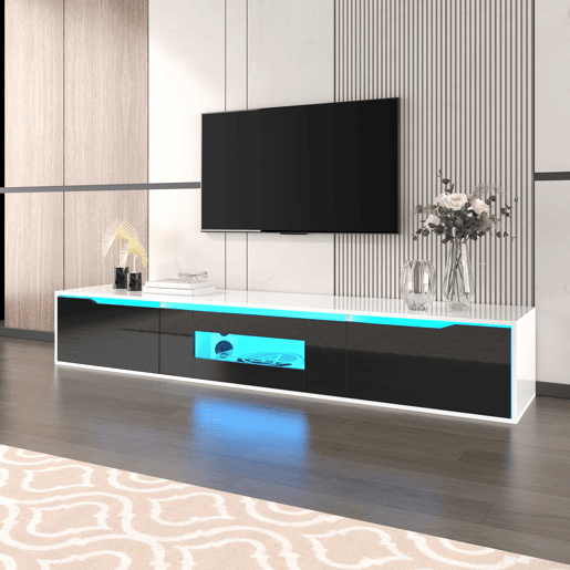 Conjunto de vitrina e móvel de TV u2013 alto brilho e LED multicolorido u2013 Branco e preto