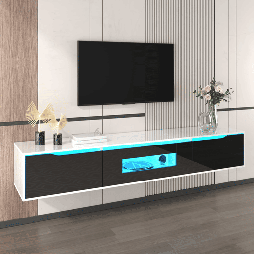 Conjunto de vitrina e móvel de TV u2013 alto brilho e LED multicolorido u2013 Branco e preto