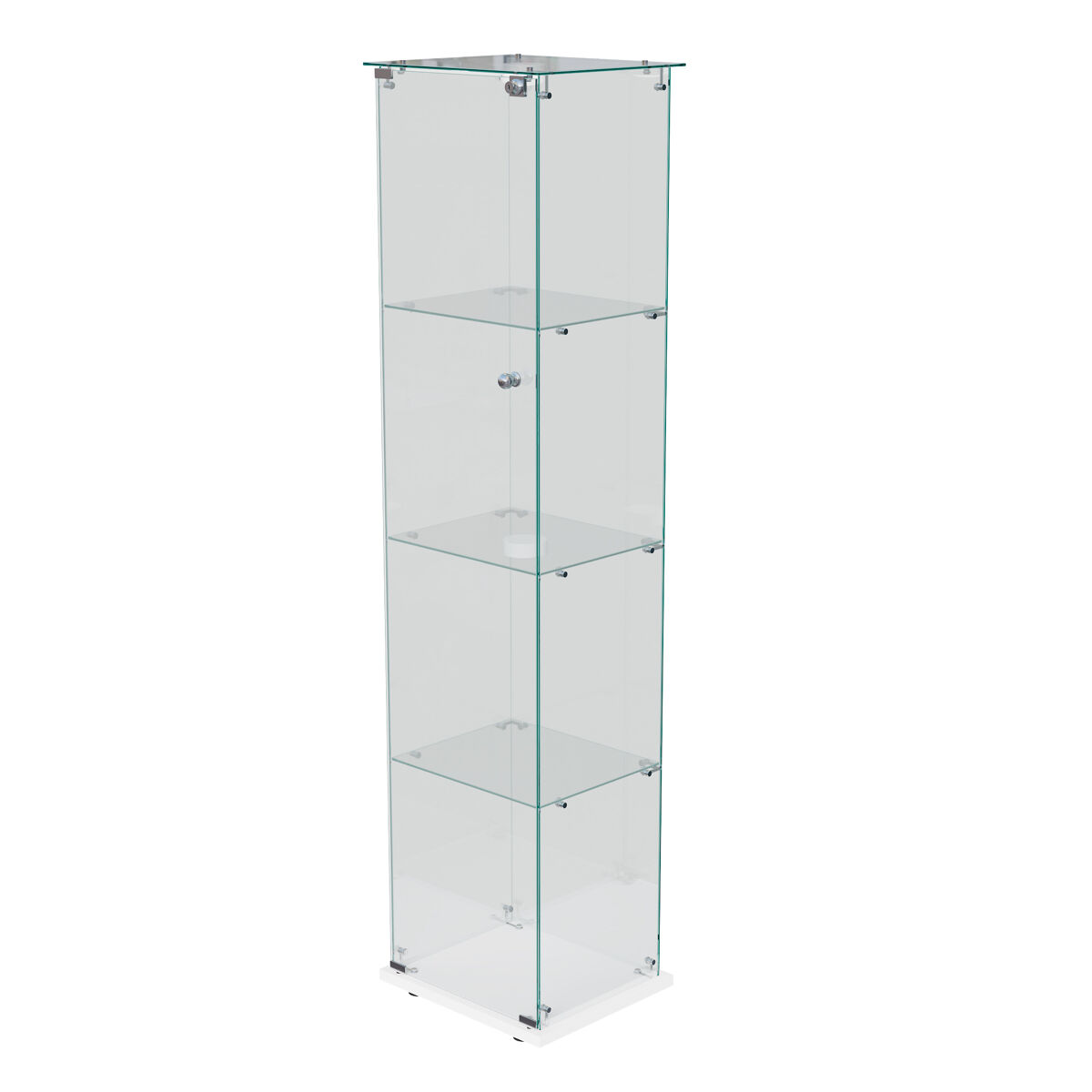 Vitrina de cuatro niveles con puerta de cristal templado y luz led de apertura por presión, unidad de exhibición moderna, blanca.