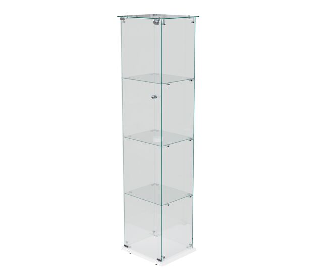 Vitrina de cuatro niveles con puerta de cristal templado y luz led de apertura por presión, unidad de exhibición moderna, blanca.