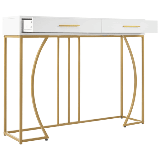 Mesa de apoio 110 × 32 × 85 cm u2013 2 gavetas e estilo moderno u2013 Branco e dourado