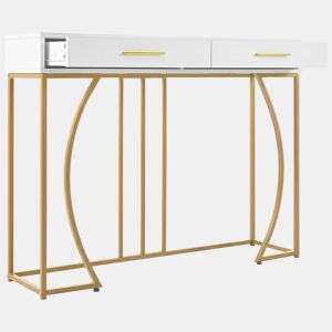 Mesa de apoio 110 × 32 × 85 cm u2013 2 gavetas e estilo moderno u2013 Branco e dourado