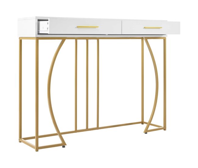 Consola 110 × 32 × 85 cm – 2 cajones y estilo moderno – blanco y dorado