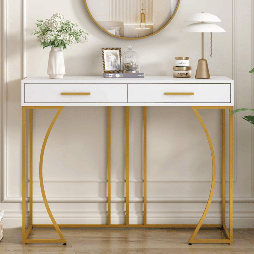 Mesa de apoio 110 × 32 × 85 cm u2013 2 gavetas e estilo moderno u2013 Branco e dourado