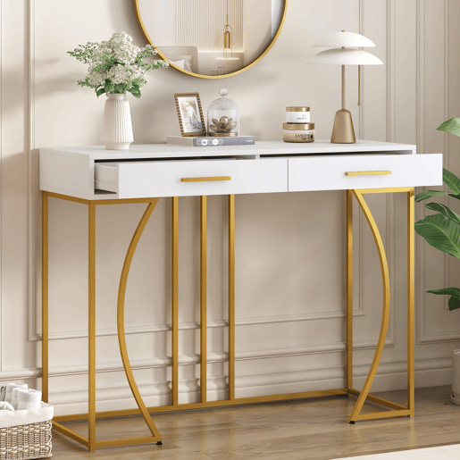 Mesa de apoio 110 × 32 × 85 cm u2013 2 gavetas e estilo moderno u2013 Branco e dourado