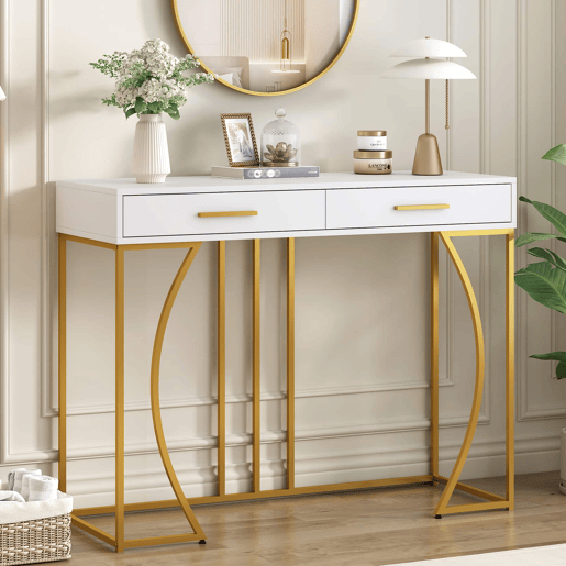 Mesa de apoio 110 × 32 × 85 cm u2013 2 gavetas e estilo moderno u2013 Branco e dourado
