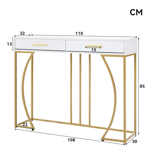 Mesa de apoio 110 × 32 × 85 cm u2013 2 gavetas e estilo moderno u2013 Branco e dourado