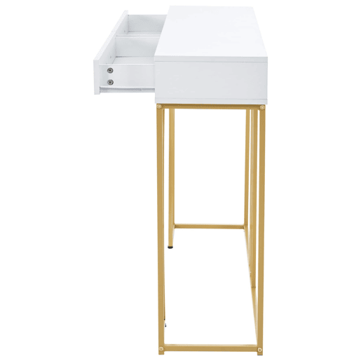 Mesa de apoio 110 × 32 × 85 cm u2013 2 gavetas e estilo moderno u2013 Branco e dourado