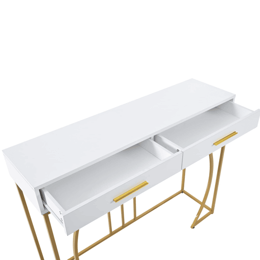 Mesa de apoio 110 × 32 × 85 cm u2013 2 gavetas e estilo moderno u2013 Branco e dourado